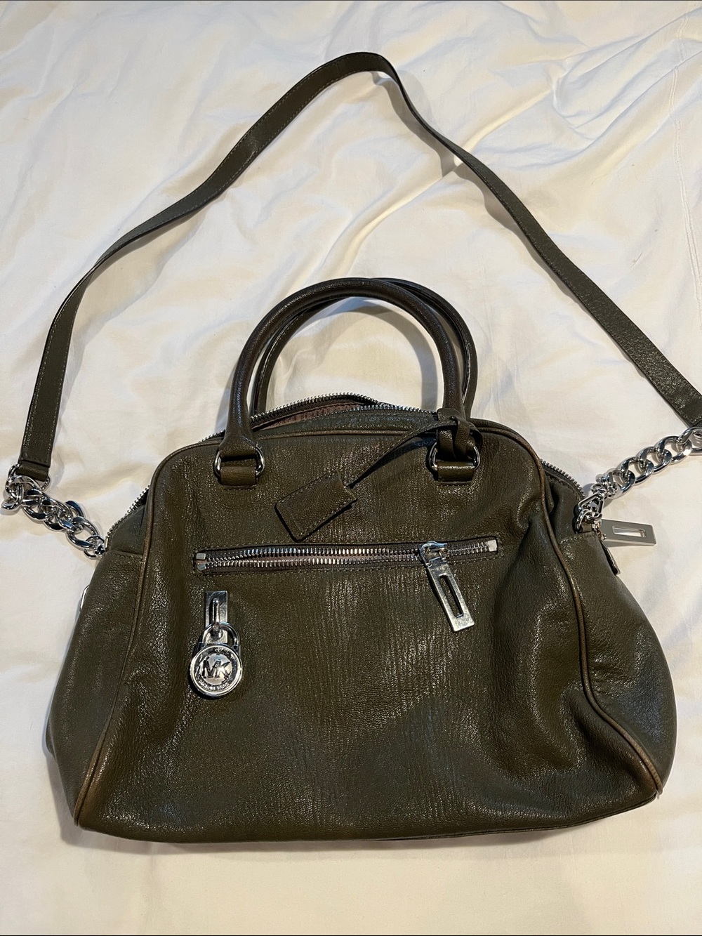 Michael Kors olive green soft pebble grain leather satchel purse